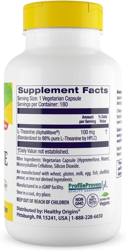 Healthy Origins L-Theanine AlphaWave 100 mg, 180 Veggie Caps