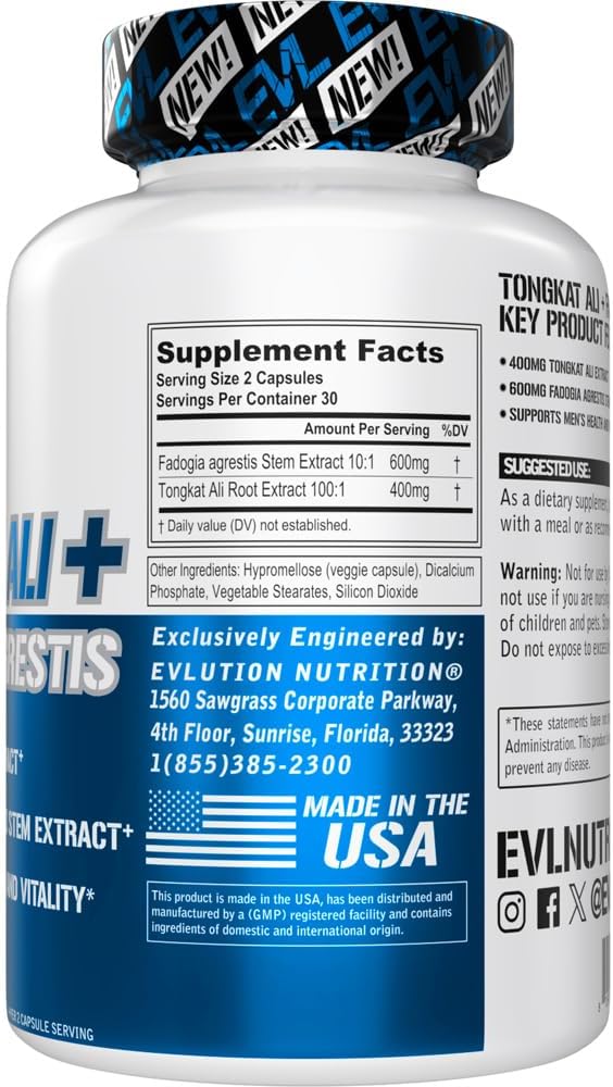Evlution Nutrition Tongkat Ali + Fadogia Agrestis - Men’s Health + Vitality Support - 400mg Tongkat Ali + 600mg Fadogia Agrestis Stem Extract - Workout Supplement - Vegetarian Capsules - 30 Servings