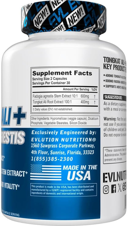 Evlution Nutrition Tongkat Ali + Fadogia Agrestis - Men’s Health + Vitality Support - 400mg Tongkat Ali + 600mg Fadogia Agrestis Stem Extract - Workout Supplement - Vegetarian Capsules - 30 Servings