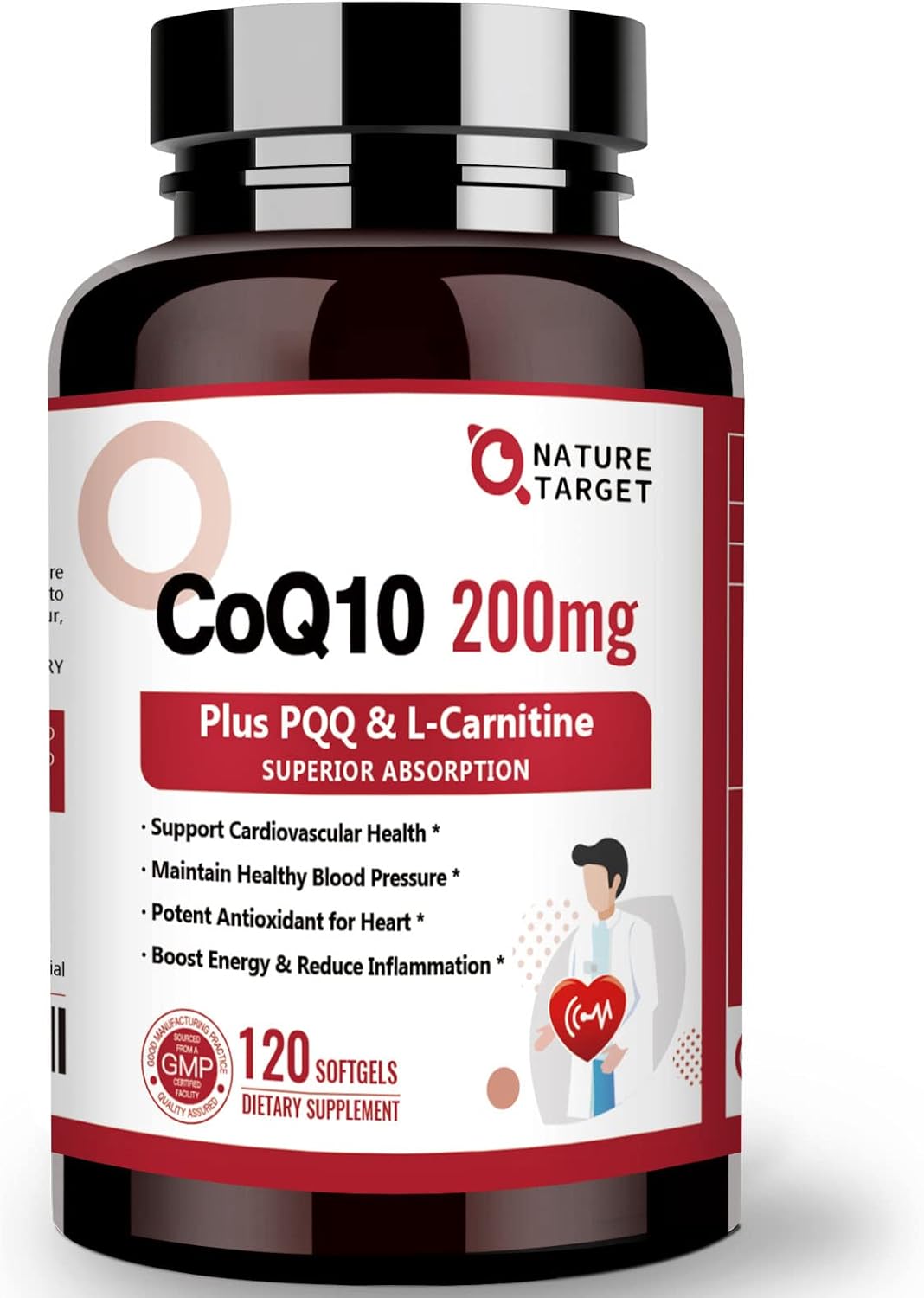 NATURE TARGET CoQ10 200mg with PQQ, L-Carnitine and Omega-3s, 120 Softgels | High-Absorption Coenzyme Q10 with BioPerine Supports Heart, Immune Health and Cellular Energy Production