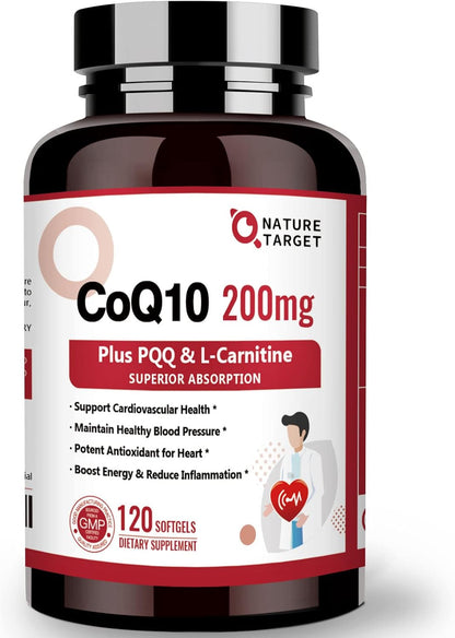 NATURE TARGET CoQ10 200mg with PQQ, L-Carnitine and Omega-3s, 120 Softgels | High-Absorption Coenzyme Q10 with BioPerine Supports Heart, Immune Health and Cellular Energy Production