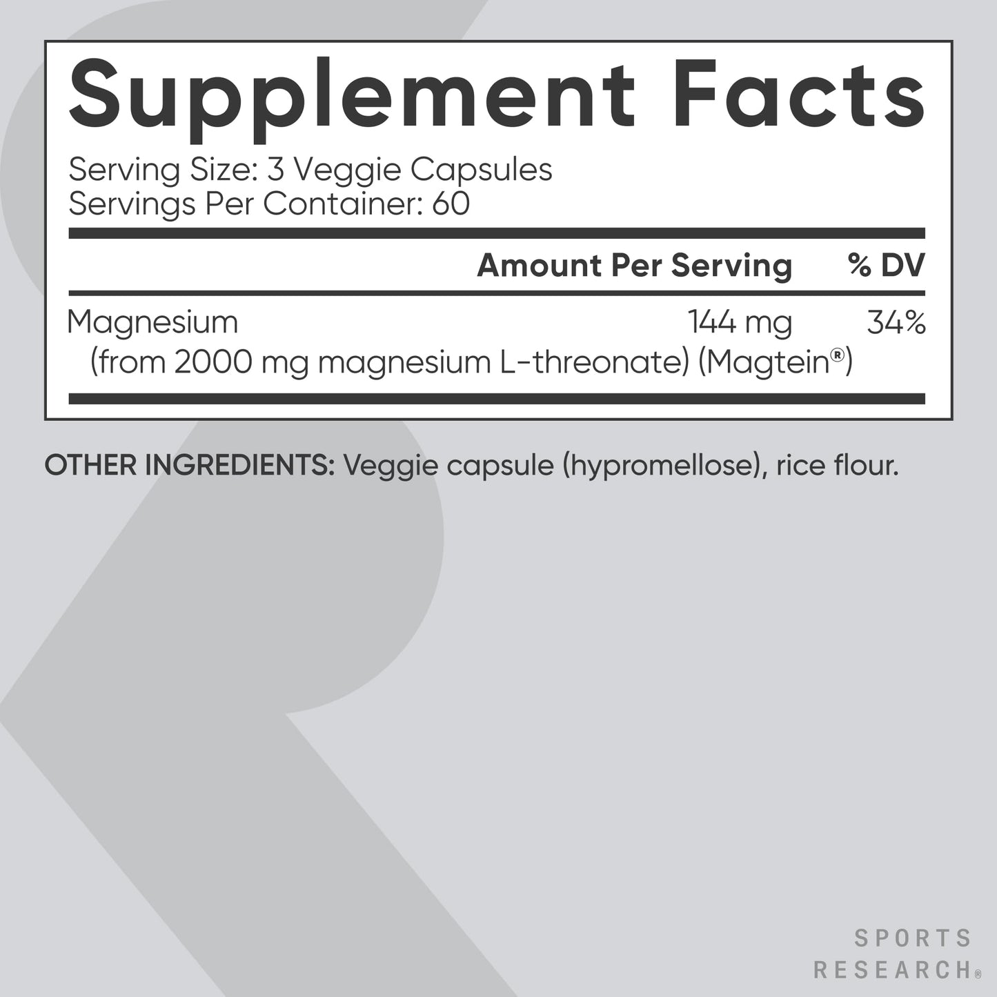 Sports Research® Magnesium L-Threonate Capsules 2000mg - High-Absorption Magtein® for Enhanced Brain Health, Memory, Focus & Restful Sleep Support - Vegan · Non-GMO · Gluten Free - 90 Count