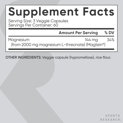 Sports Research® Magnesium L-Threonate Capsules 2000mg - High-Absorption Magtein® for Enhanced Brain Health, Memory, Focus & Restful Sleep Support - Vegan · Non-GMO · Gluten Free - 90 Count