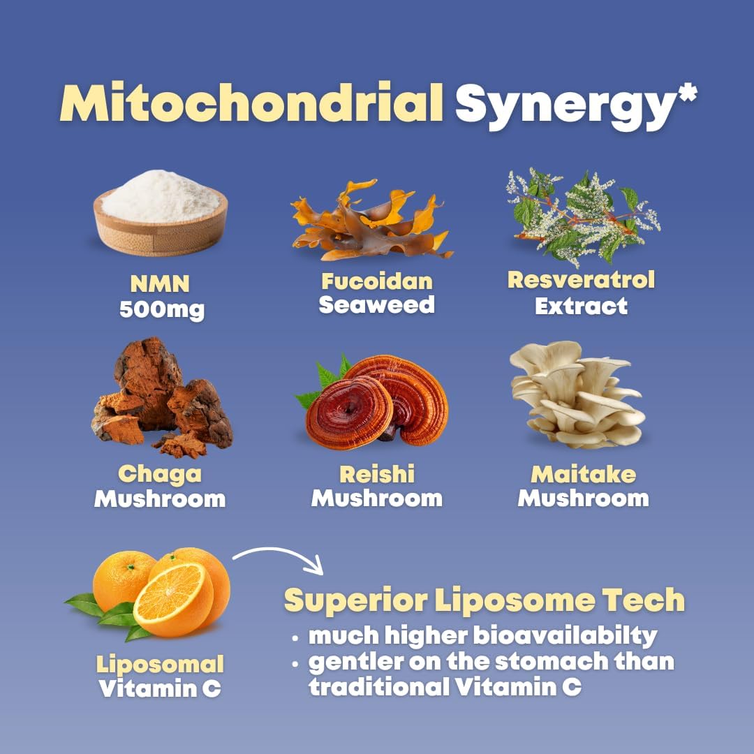 NMN 500mg & Fucoidan with Trans Resveratrol, Liposomal Vitamin C, Chaga, Reishi, Maitake Mushroom Extract - NAD+, Mitochondrial, Healthy Aging Support - 60 Capsules, Non GMO, Gluten Free Supplement