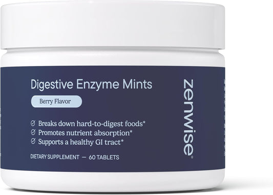Zenwise Health Chewable Digestive Enzymes Mints, Digestion Relief - 60 CT | 60 Chewable Tablets, Berry Flavor, Enzyme Blend for Protein Carbs Fats, Bromelain, Protease, Papain, Gas Relief