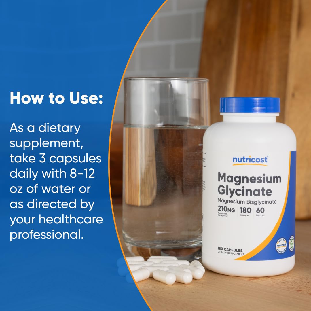 Nutricost Magnesium Glycinate Capsules, 180 Capsules, 210mg | Gentle Absorption, Magnesium Glycinate Supplement