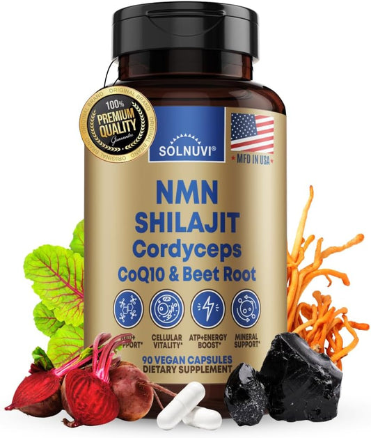 NMN 500mg & Himalayan Shilajit 50% Fulvic Acid Supplement - NAD, Mitochondria & ATP, Cellular Vitality, Trace Mineral Support - CoQ10, Cordyceps Mushroom, Beet Root Extract - 90 Veggie Capsules