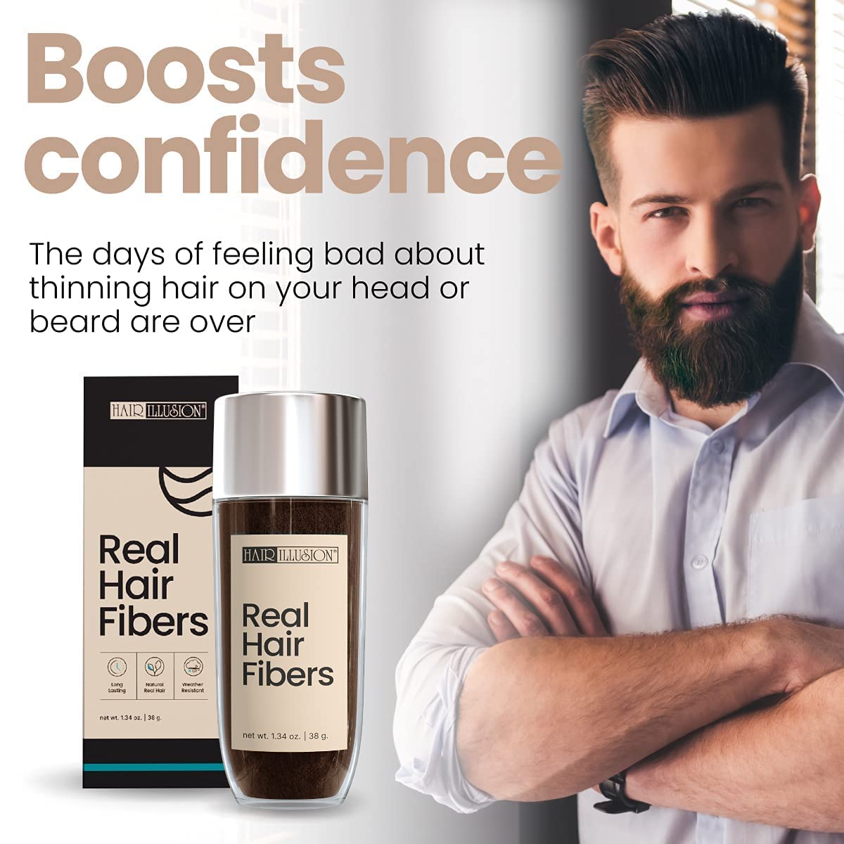 Hair Illusion 100% Natural Human Hair Fibers Not Synthetic for Men and Women, Premium Hair Building Formulation, Large, 38 g Bottle, Jet Black