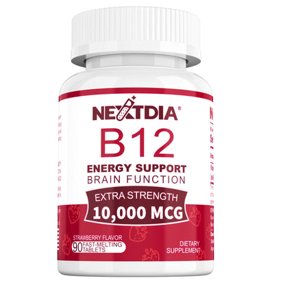 B12 Vitamins 10,000 mcg, Methylated Vitamin B12 Sublingual - Energy Boost, Focus, Metabolism & Brain Health Support, Immune System Support, Fast Dissolve, Natural Strawberry Flavor, 180 Servings