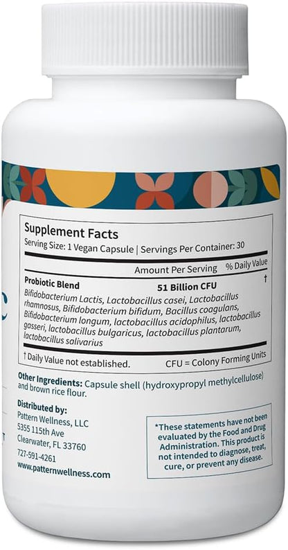 Pattern Wellness Probiotic Supplement – 30 Vegan Capsules | 51 Billion CFU – Supports Digestive Balance & Gut Wellness – Mindfully Sourced, Non-GMO