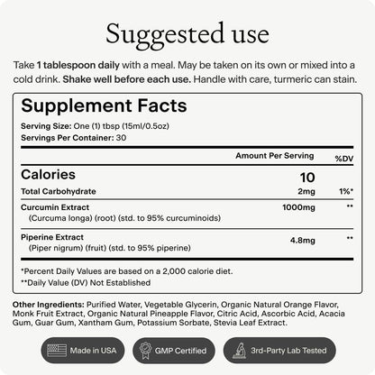 OMRE Liquid Turmeric Curcumin with Piperine - Ultra Absorbable (1000mg Curcumin Extract) - Supports Inflammation Balance and Improves Bioavailability, Gluten-Free - 30 Servings