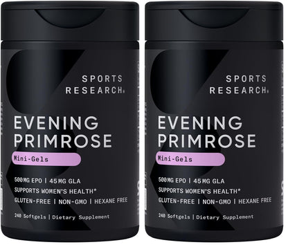 Sports Research Evening Primrose Supplement from Cold Pressed Oil - Softgels for Women’s Health & Skin Health - Gluten Free & Non-GMO GLA - High Potency 1300mg, 120 Count