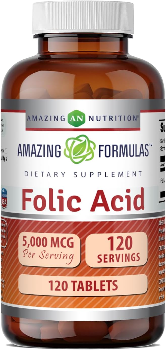 Amazing Formulas Folic Acid 5000 Mcg per Serving | Tablets Supplement | Non-GMO | Gluten-Free | Made in USA (1 Pack | 120 Count)