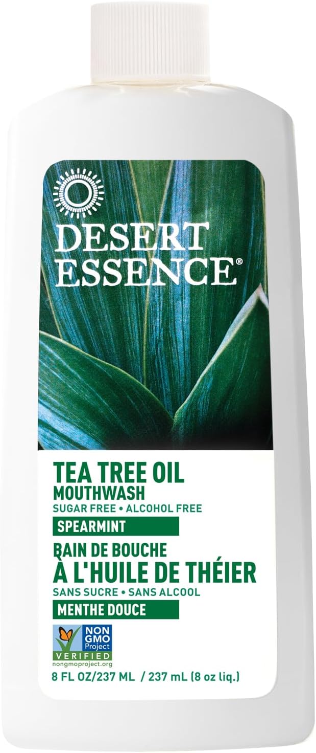 Desert Essence Alcohol-Free Mouthwash with Tea Tree Oil and Aloe, Sugar-Free, Oral Rinse to Provide Botanical Care for Teeth & Gums, Vegan, Non-GMO, SLS-Free, Gluten-Free, Spearmint Flavor, 8oz