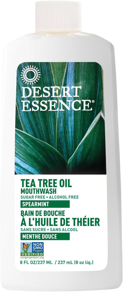 Desert Essence Alcohol-Free Mouthwash with Tea Tree Oil and Aloe, Sugar-Free, Oral Rinse to Provide Botanical Care for Teeth & Gums, Vegan, Non-GMO, SLS-Free, Gluten-Free, Spearmint Flavor, 8oz