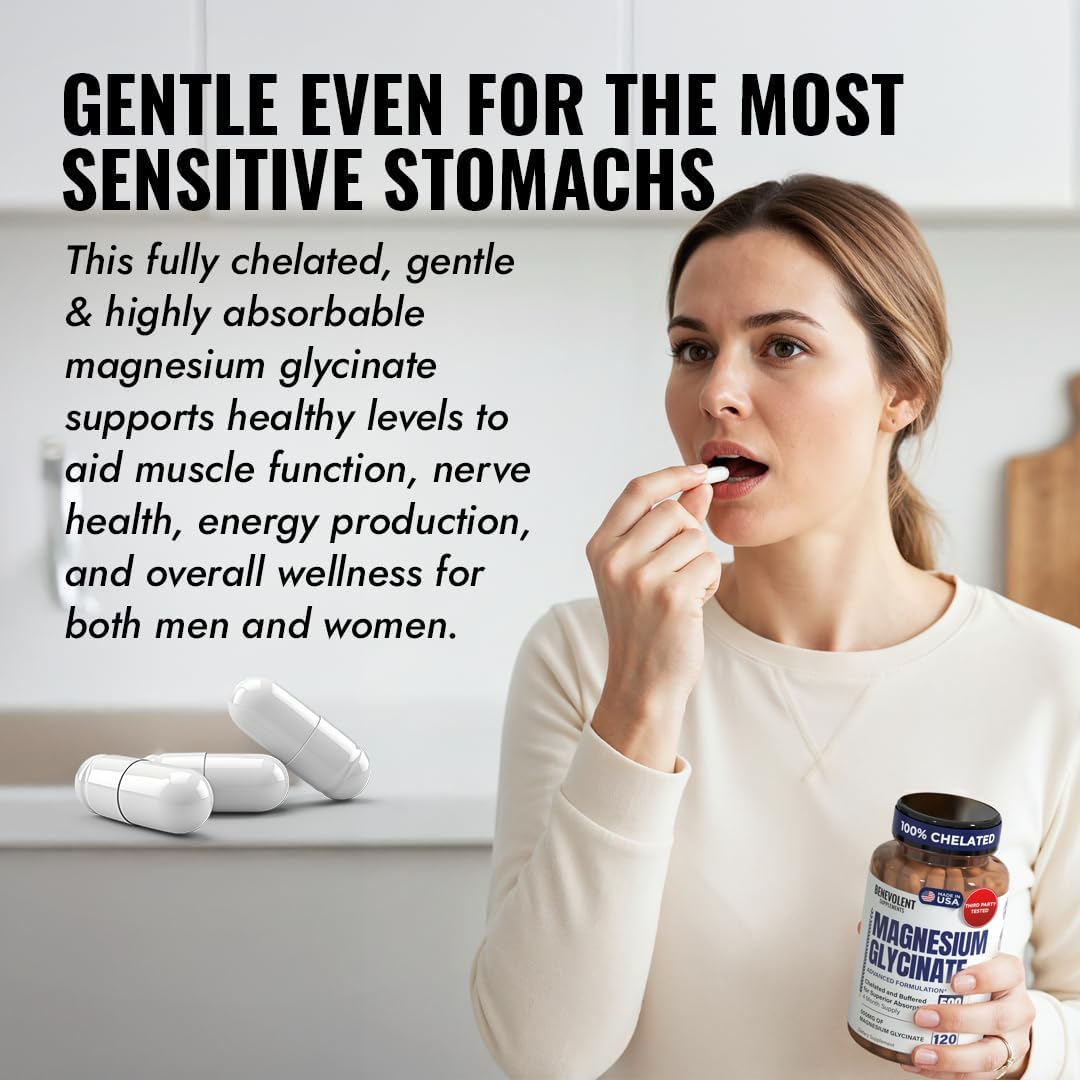 Premium Magnesium Capsules 500mg, High Absorption Formula Chelated Buffered Citrate to Support Digestion, Bone, Sleep & Muscle Health – Magnesium Glycinate - 120 Capsules