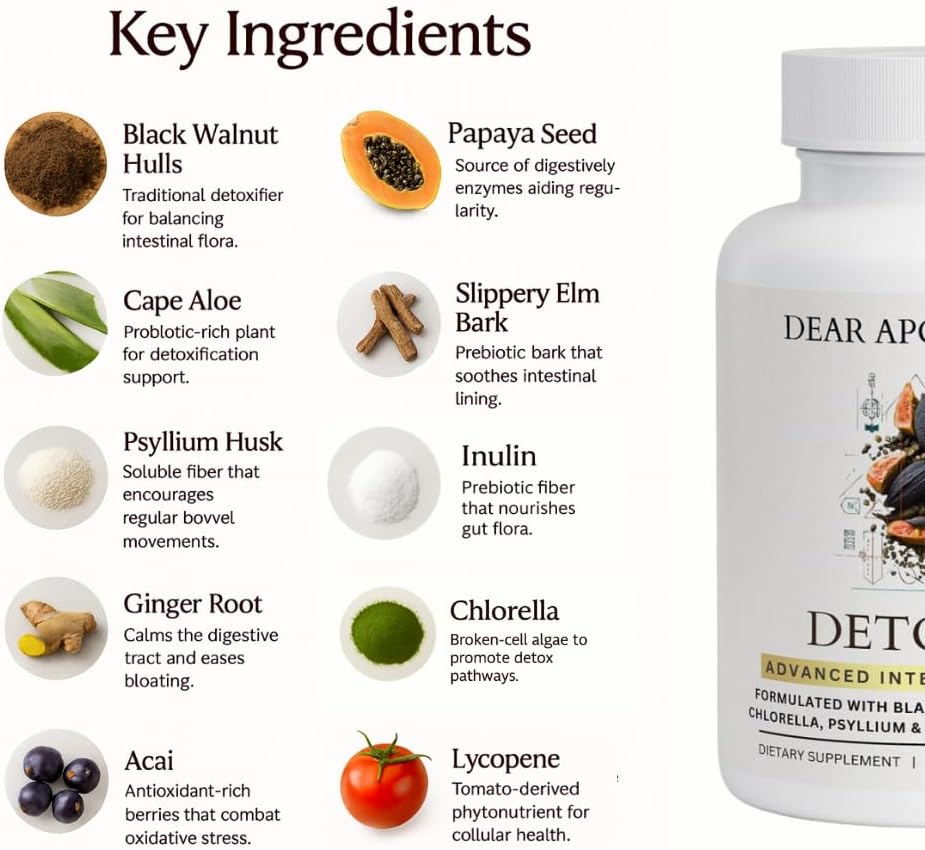 Detoxify Advanced Cleanse - Black Walnut Papaya Seed Herbal Formula - Gut Health Support with Chlorella Psyllium Aloe Fiber - Intestinal Wellness Blend - Vegan Non-GMO Gluten-Free - 60 Capsules