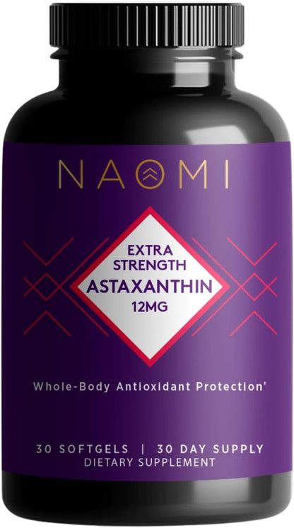 NAOMI Extra Strength Astaxanthin 12mg - Patented Zanthin® for Antioxidant, Skin, Eye & Brain Support - Supercritical CO2 Extracted, High Absorption Softgel, Non-GMO, Gluten-Free, 30-Day Supply