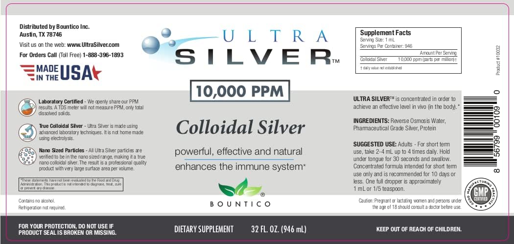 Ultra Silver® Colloidal Silver | 10,000 PPM, 32 Oz (946mL) | Mineral Supplement | True Colloidal Silver - 4 oz Dropper Bottle (Empty) Included for Dispensing!