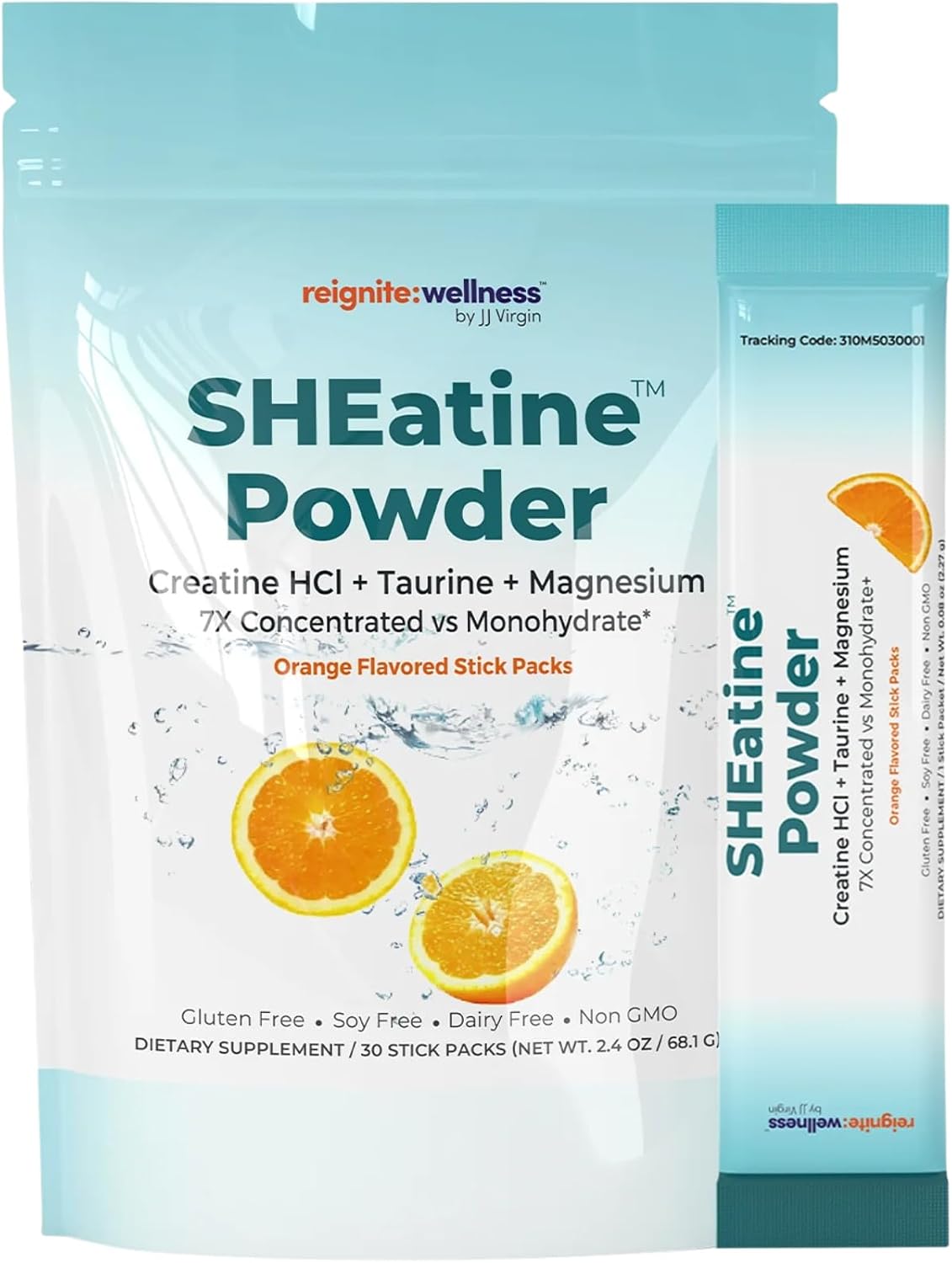 Reignite Wellness by JJ Virgin | SHEatine Powder Stick Packs | Creatine Trifecta for Powerful Aging | Creatine HCL, Taurine & Magnesium Glycinate | Orange Flavor 30 Count
