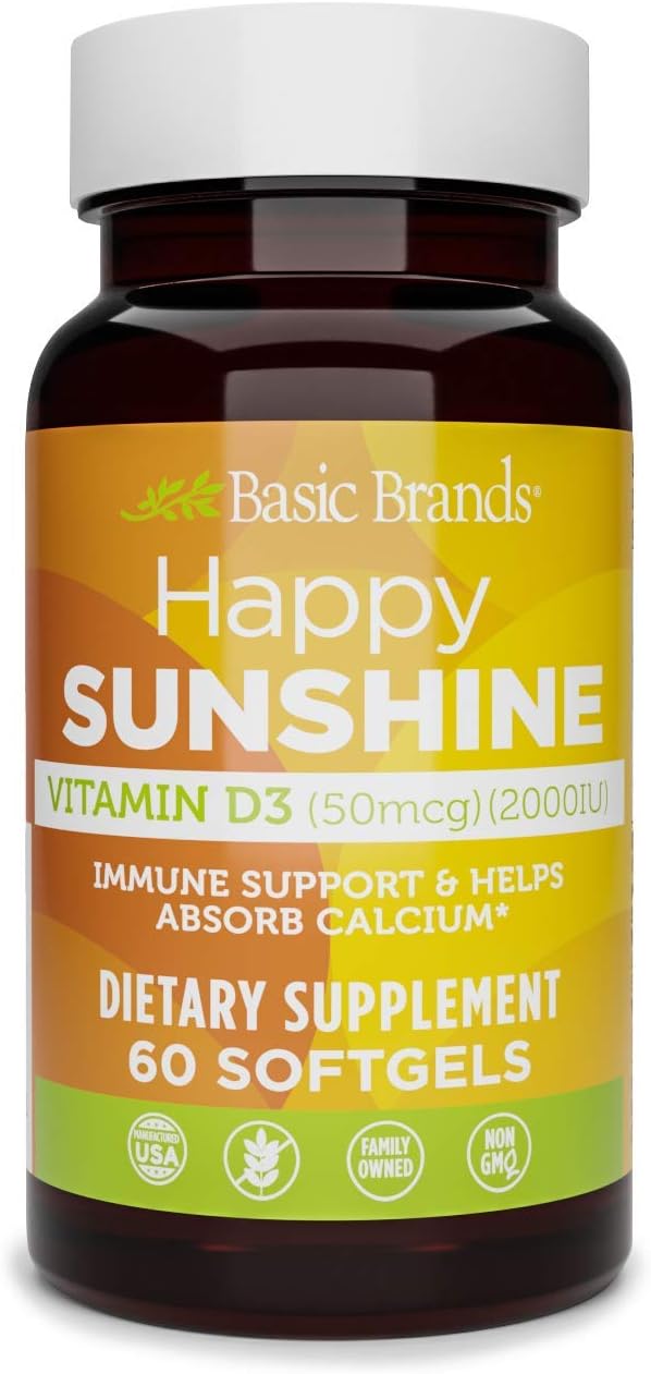 Basic Brands Happy Sunshine Vitamin D3 2000 IU | Gluten-Free, 60 Softgels