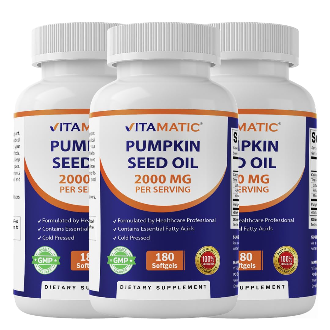 Vitamatic Pumpkin Seed Oil 2000mg Softgel Capsules, 180 Softgels | 1000mg per Softgel