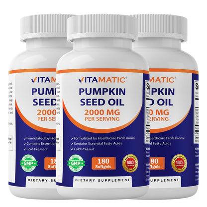 Vitamatic Pumpkin Seed Oil 2000mg Softgel Capsules, 180 Softgels | 1000mg per Softgel