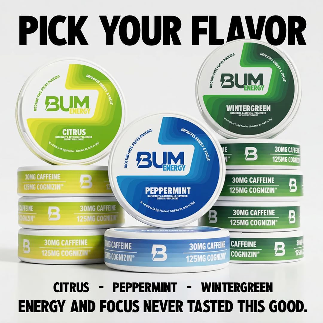 Bum Energy Pouches, Citrus, 30mg Caffeine + 125mg Cognizin Citicoline, Clean Energy & Focus, Discreet Oral Energy Pouches, 5 Packs of 16 Count