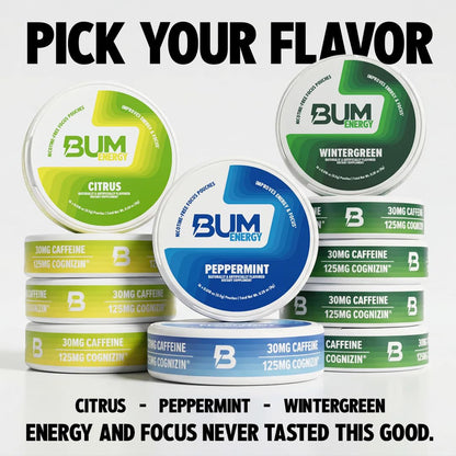 Bum Energy Pouches, Citrus, 30mg Caffeine + 125mg Cognizin Citicoline, Clean Energy & Focus, Discreet Oral Energy Pouches, 5 Packs of 16 Count