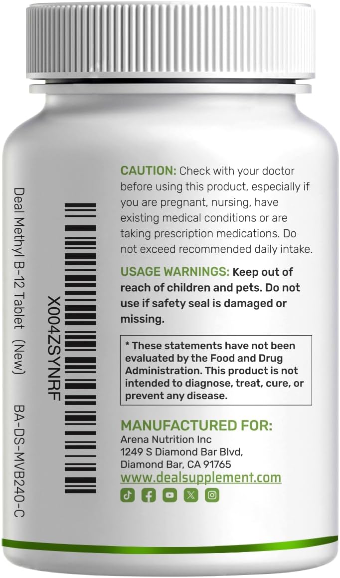 DEAL SUPPLEMENT Methyl B-12 Vitamins 5000 mcg Per Serving, 240 Tablets | Active Form - Strawberry Flavored - Vitamin B12 Supplement for Women & Men - GMO Free & Gluten Free