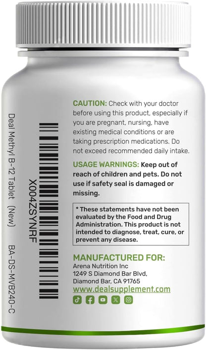 DEAL SUPPLEMENT Methyl B-12 Vitamins 5000 mcg Per Serving, 240 Tablets | Active Form - Strawberry Flavored - Vitamin B12 Supplement for Women & Men - GMO Free & Gluten Free