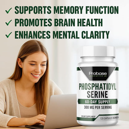Probase Nutrition Phosphatidylserine 300mg Supplement Brain Health and Memory Support Non-GMO Gluten Free 120 Capsules Phosphatidyl Serine Complex