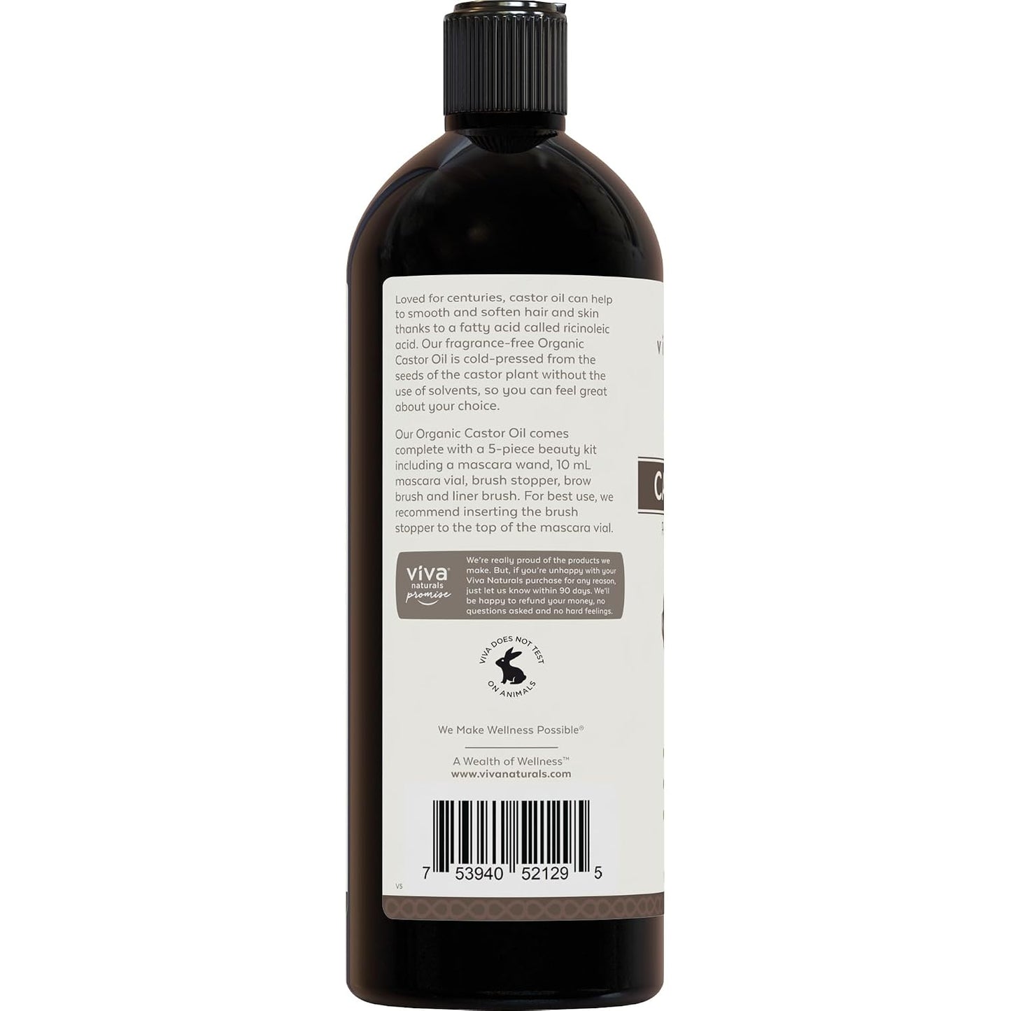 Viva Naturals Organic Castor Oil, Cold-Pressed, 16 fl oz – For Face, Hair, Eyelashes, USDA Organic, Non-GMO - With Beauty Kit