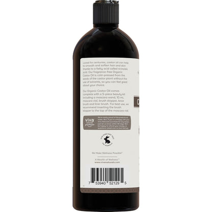 Viva Naturals Organic Castor Oil, Cold-Pressed, 16 fl oz – For Face, Hair, Eyelashes, USDA Organic, Non-GMO - With Beauty Kit
