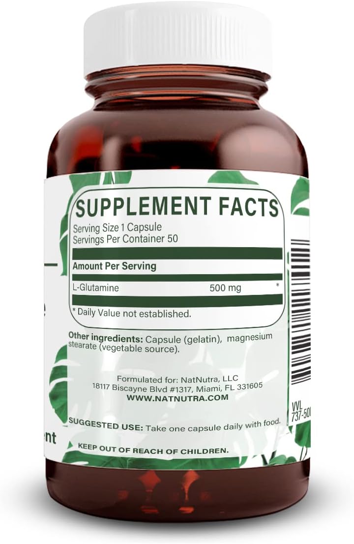 Natural Nutra L-Glutamine Supplements, 500 mg, 50 Capsules | Helps to Promote Optimal Brain Functioning, Supports Digestive Functioning, Improves Muscle Health & Boosts Memory & Focus