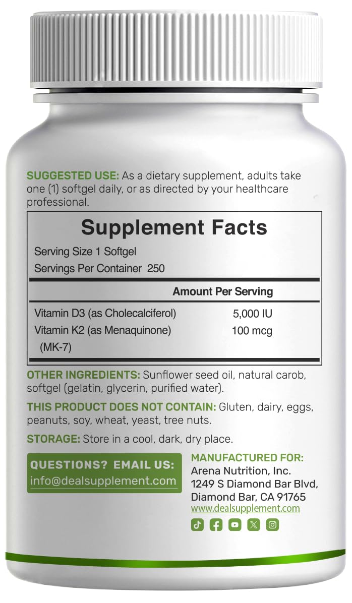 DEAL SUPPLEMENT Vitamin D3 5,000 IU + K2 MK7 Softgels, 250 Count | 2-in-1 Complex | Easy to Swallow