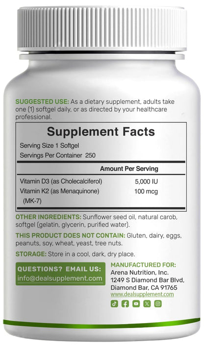 DEAL SUPPLEMENT Vitamin D3 5,000 IU + K2 MK7 Softgels, 250 Count | 2-in-1 Complex | Easy to Swallow