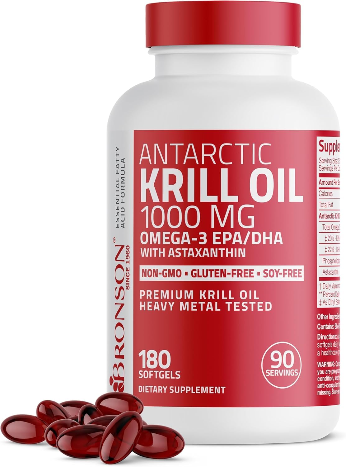 Bronson Antarctic Krill Oil 1000 mg with Omega-3s, 120 Softgels | Heavy Metal Tested, with EPA, DHA, Astaxanthin and Phospholipids, Non-GMO, Gluten Free, Soy Free