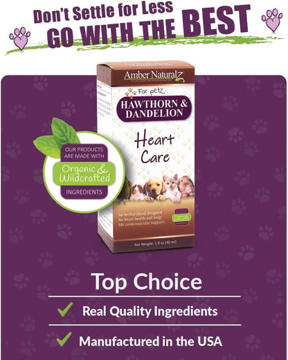 Amber NaturalZ Hawthorn & Dandelion for Pets, Heart & Circulation Care, 1oz | Maintains optimal cardiovascular wellness in pets. Supports normal heart function, healthy blood circulation & fluid balance.