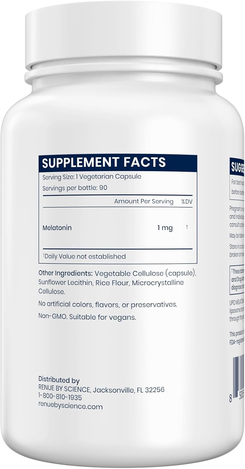 Renue By Science Melatonin | Liposomal Melatonina Supplement | 90 High Strength Melatonin Capsules - 1mg Melatonin per Serving | Sleep Aid Melatonin | Non-GMO | Made in The USA & Third-Party Tested