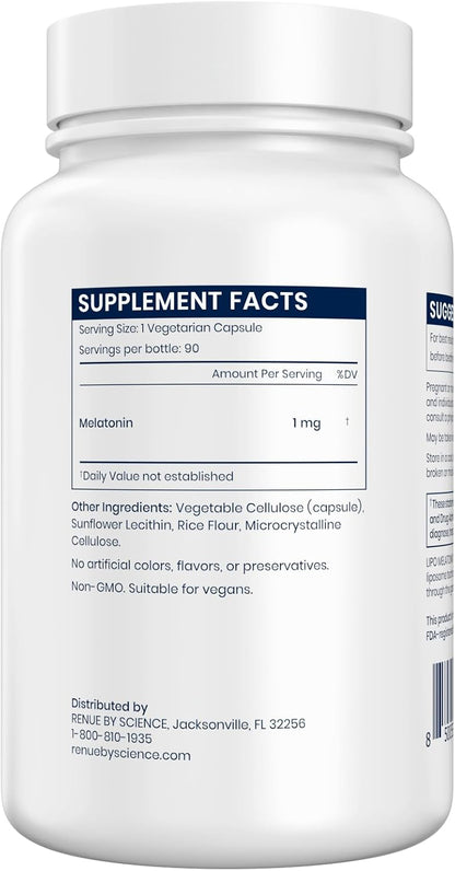 Renue By Science Melatonin | Liposomal Melatonina Supplement | 90 High Strength Melatonin Capsules - 1mg Melatonin per Serving | Sleep Aid Melatonin | Non-GMO | Made in The USA & Third-Party Tested