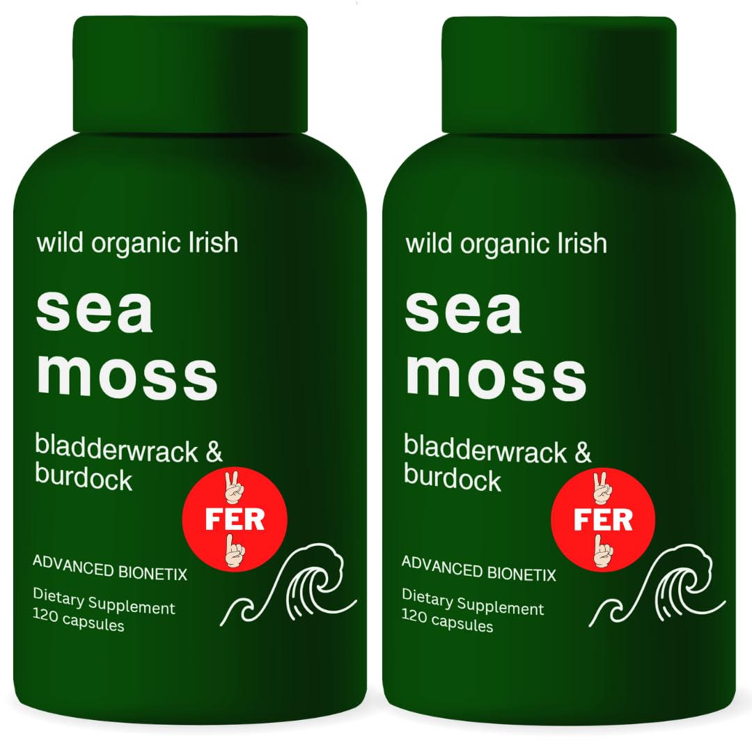 Advanced Bionetix Organic Irish Sea Moss Capsules, Raw Wildcrafted Seamoss Enhanced w/Bladderwrack & Burdock Root Capsules 120 Total Pills Antioxidant Packed. Prebiotic Superfood, Thyroid Support