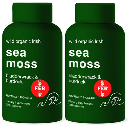 Advanced Bionetix Organic Irish Sea Moss Capsules, Raw Wildcrafted Seamoss Enhanced w/Bladderwrack & Burdock Root Capsules 120 Total Pills Antioxidant Packed. Prebiotic Superfood, Thyroid Support