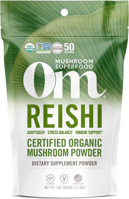 Om Mushroom Superfood Reishi Organic Mushroom Powder, 100 Servings, Organic Adaptogen Powder for Stress Relief and Immune Health