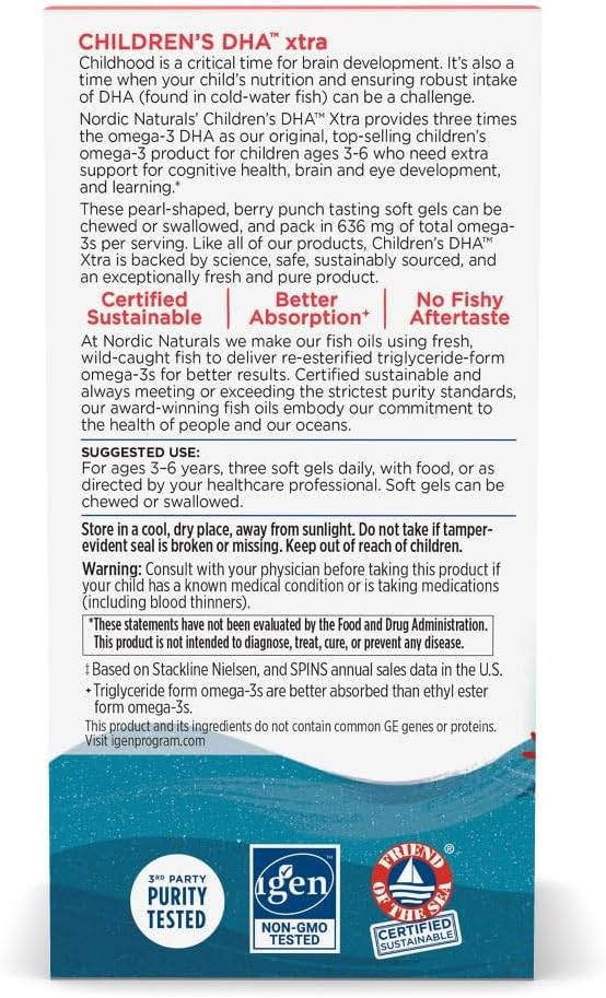 Nordic Naturals Children’s DHA Xtra, Berry Punch - 90 Mini Chewable Soft Gels for Kids - 636 mg Omega-3s EPA & DHA - Cognitive & Immune Function, Learning, Social Development - Non-GMO - 30 Servings | Mini chewable soft gels with delicious berry punch fla