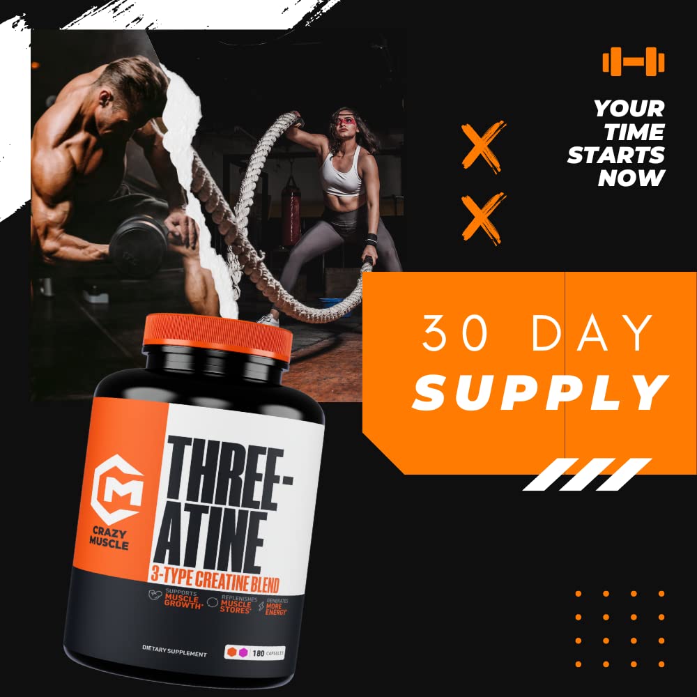Creatine Capsules - 5g of Premium 3X ThreeAtine Pre Workout Bulk Muscle Mass Gainer
