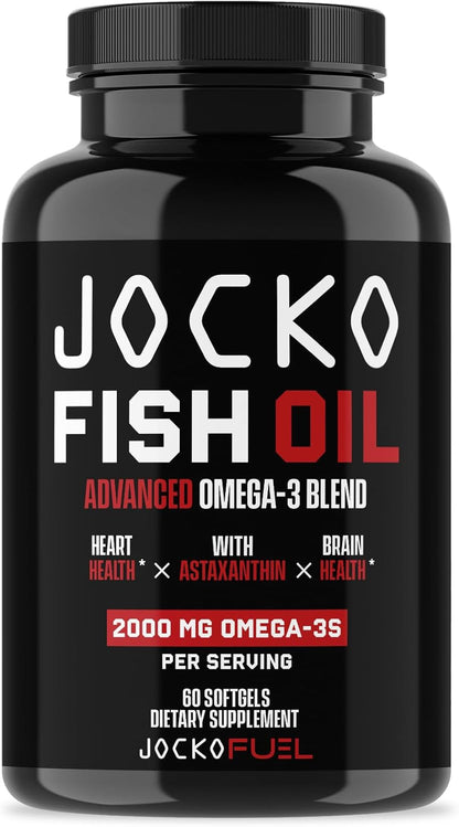 Jocko Fuel Omega 3 Fish Oil Supplement 2000mg - Burpless Fatty Acid Supplement, Wild Caught, Powerful Antioxidant with Astaxanthin (60 Capsules)