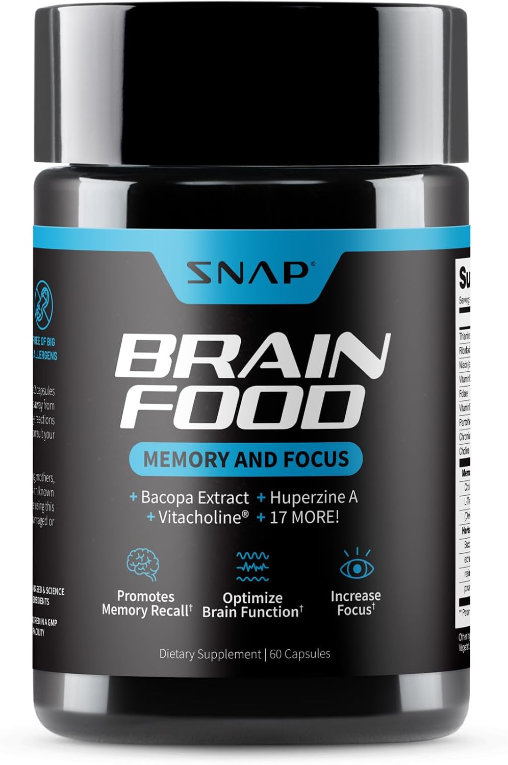 Snap Supplements Brain Booster Nootropics Supplement, 60 Vegan Capsules | Bacopa Extract, Huperzine A, Vitacholine, Ginkgo Biloba, Gluten-Free, Non-GMO, Free of Major Allergens