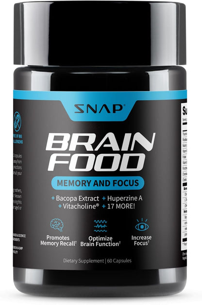 Snap Supplements Brain Booster Nootropics Supplement, 60 Vegan Capsules | Bacopa Extract, Huperzine A, Vitacholine, Ginkgo Biloba, Gluten-Free, Non-GMO, Free of Major Allergens