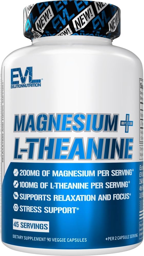 Magnesium L Theanine Supplement - Evlution Nutrition Mind & Body Calming Magnesium with L-Theanine Blend to Support Focus Relaxation & Cortisol - Vegan Non-GMO & Gelatin Free (45 Servings)